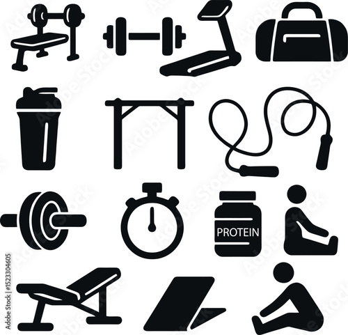 gym and fitness icon set. solid black icons for equipment, barbell, jump rope, stopwatch, supplement and training gear.