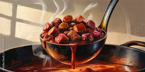 Steaming Ladle of Tender Beef Stew in Rich Sauce – Realistic Digital Art for Culinary, Restaurant, and Food Concepts