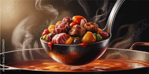 Hot Steaming Beef Stew with Colorful Vegetables in Ladle, Rich Broth, Rustic Kitchen, Warm Comfort Food Illustration
