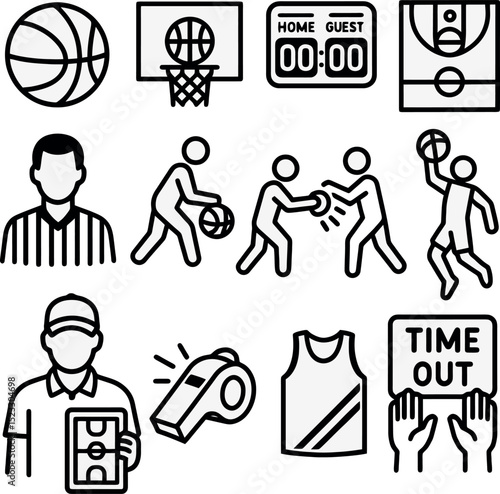 basketball icon pack. flat vector icons for players, hoop, referee, scoreboard, strategy board, timeout and uniform.