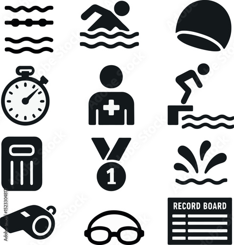 swimming icon set. solid black icons of swimmer, stopwatch, medal, whistle, diving, splash, record board and lifeguard.
