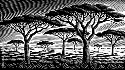 A black and white sketch vector of a savannah with acacia trees background