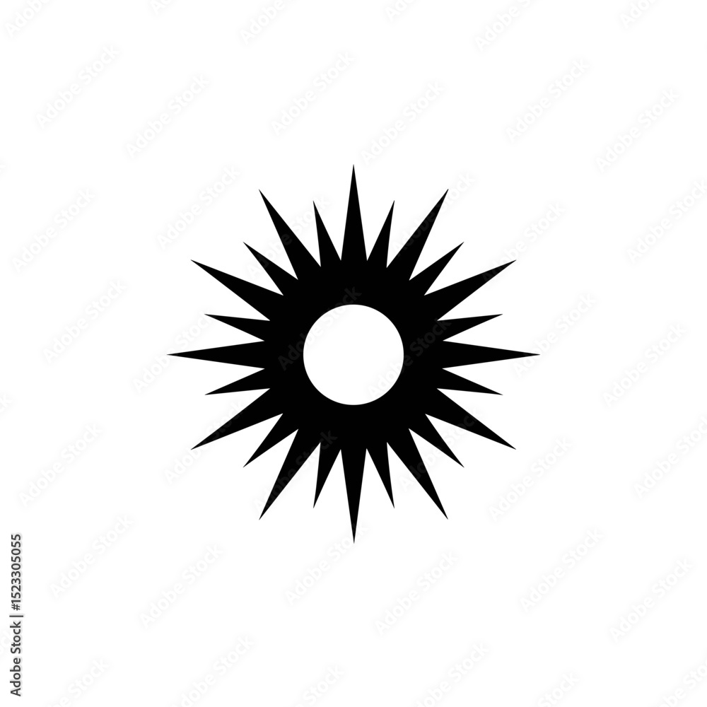 Obraz premium Simple black vector icon of a sun with sharp rays on transparent background 