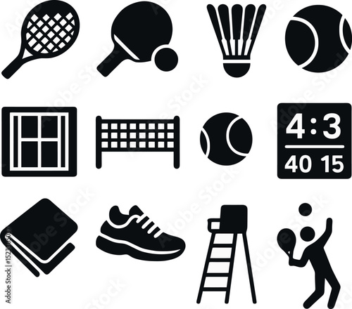 racket sports icon set. solid black icons for tennis, ping pong, badminton, scoreboard, net, court, shoes and umpire.
