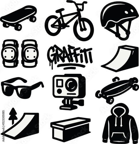 urban extreme sports icon pack. graffiti style icons for skate, BMX, ramp, helmet, action cam, hoodie and street gear.