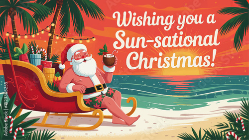 Tropical Santa on Beach Sleigh with Gifts at Sunset, Fun Summer Christmas Greeting Card, Palm Trees, Ocean, Festive Holiday Illustration