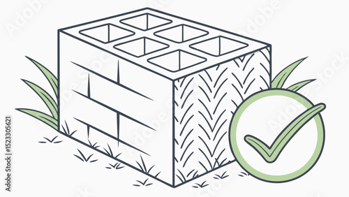 Illustrated Concrete Block with Check Mark and Grass Elements