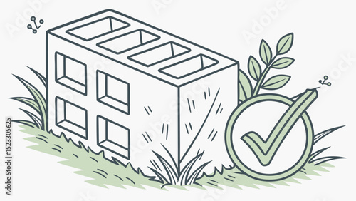 Illustrated Concrete Block with Checkmark and Greenery Elements
