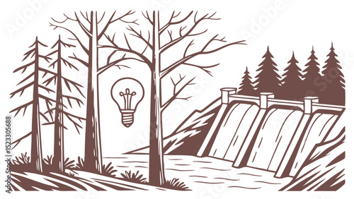 Illustration of a Hydroelectric Dam with Trees and Lightbulb Symbol