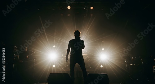 Silhouette of Singer on Stage with Bright Lights and Microphone