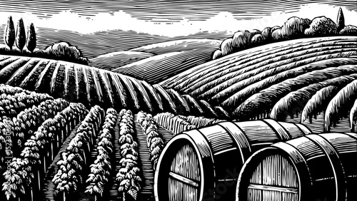Black and white sketch vector of a hillside vineyard with grape vines and rustic barrels