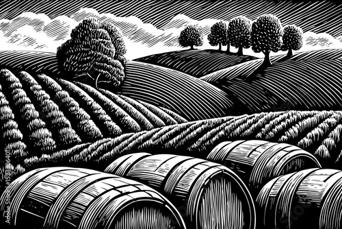 Black and white sketch vector of a hillside vineyard with grape vines and rustic barrels