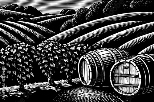 Black and white sketch vector of a hillside vineyard with grape vines and rustic barrels
