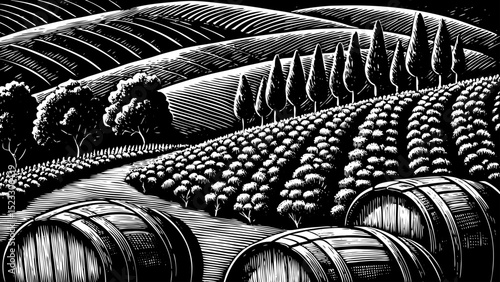 Black and white sketch vector of a hillside vineyard with grape vines and rustic barrels