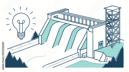 Stylized Illustration of a Hydroelectric Dam with Lightbulb Idea