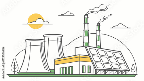 Stylized Illustration of a Power Plant with Smokestacks and Cooling Towers