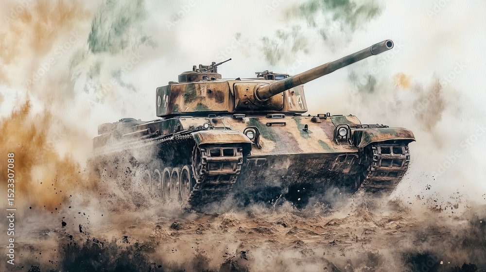 Fototapeta premium Historical World War II tank driving through smoke and dust 
