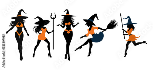 Set of beautiful witchy silhouettes, women witches