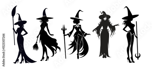 Set of beautiful witchy silhouettes, women witches