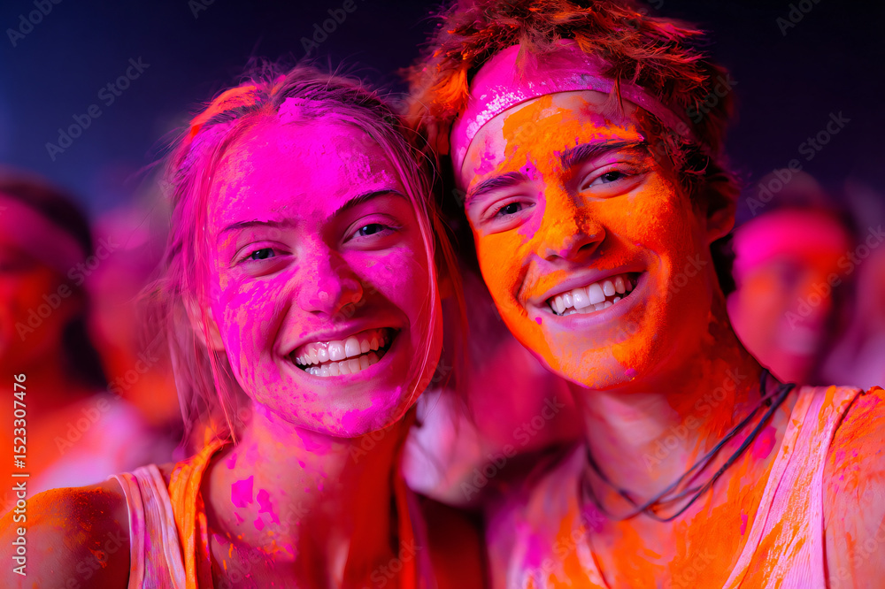 Obraz premium masked revelers in fluorescent face paint celebrating, ultraviolet lighting creating surreal orange and pink effects, energetic party scene