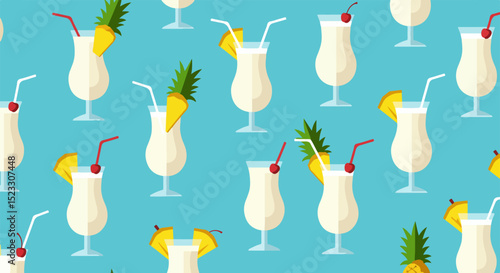 Tropical cocktails with pineapple, orange, and cherry garnishes in a repeating pattern on a turquoise background