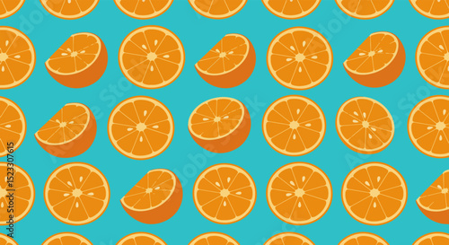 Cartoon orange slices in repeating pattern on turquoise background