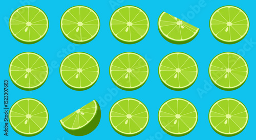 Grid of twenty lime slices on solid blue background