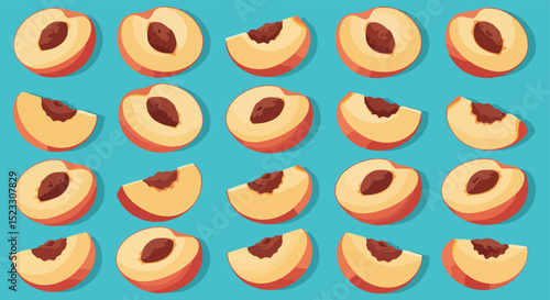 Grid of sliced peach segments on turquoise background
