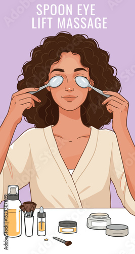 Woman placing chilled spoons on their eyes for skin care purpose. Flat design vector