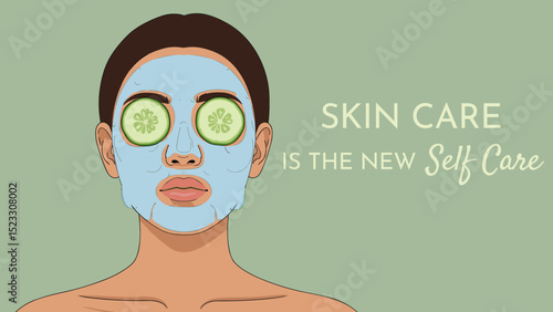 Woman with facial mask and cucumbers on eyes with text 'skin care is the new self care'