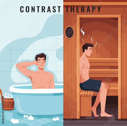 Contrast Therapy with man having a cold soak and using sauna. Colorful flat design illustration