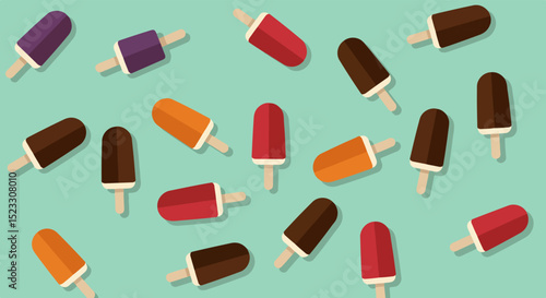 Assorted popsicles on wooden sticks scattered on light green background
