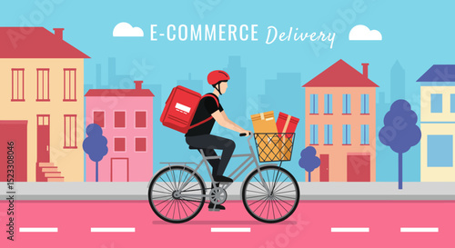 E-commerce delivery person on a bicycle carrying packages through a clean city street. Minimal flat design illustration