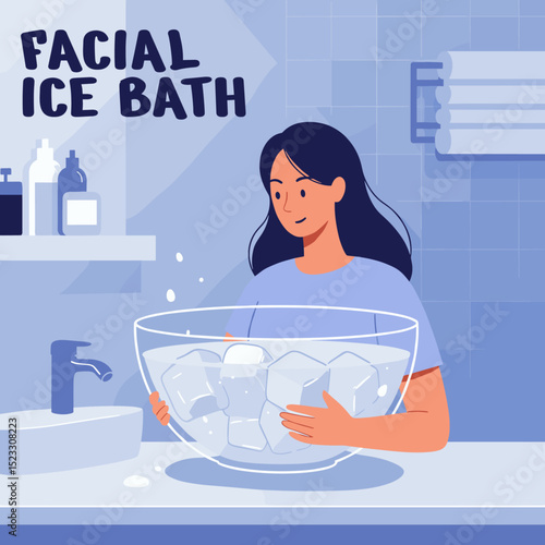 Young woman applying trendy technique of cold plunges and facial icing at home. Flat design vector