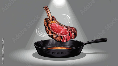 Premium Tomahawk Steak Illustration – Raw Prime Ribeye Cut Landing in Hot Cast Iron Skillet Under Dramatic Spotlights for Gourmet Cooking