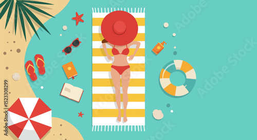 Aerial view of woman sunbathing on striped towel at beach with essentials