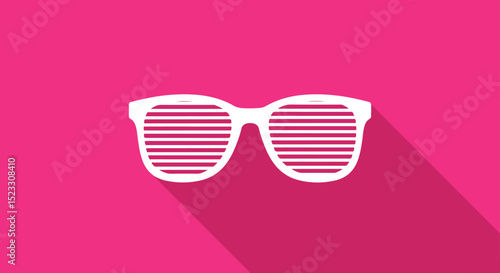 Pair of white sunglasses with thick rectangular frames and striped lenses on vivid magenta background