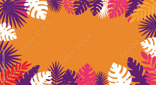 Tropical leaves in rectangular frame on vivid orange background