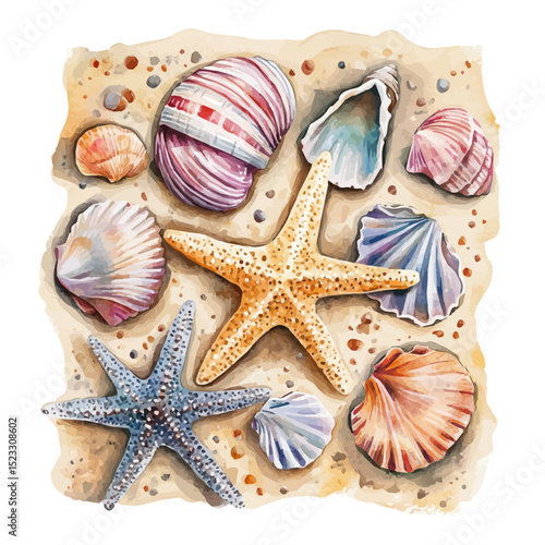 watercolor vector of Starfish Seashells Sand Patterns, high quality, isolated on a white background.