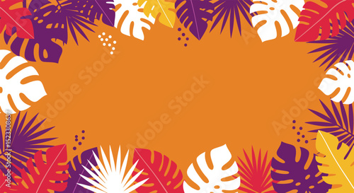 Tropical leaves and foliage with central blank space on bright orange background
