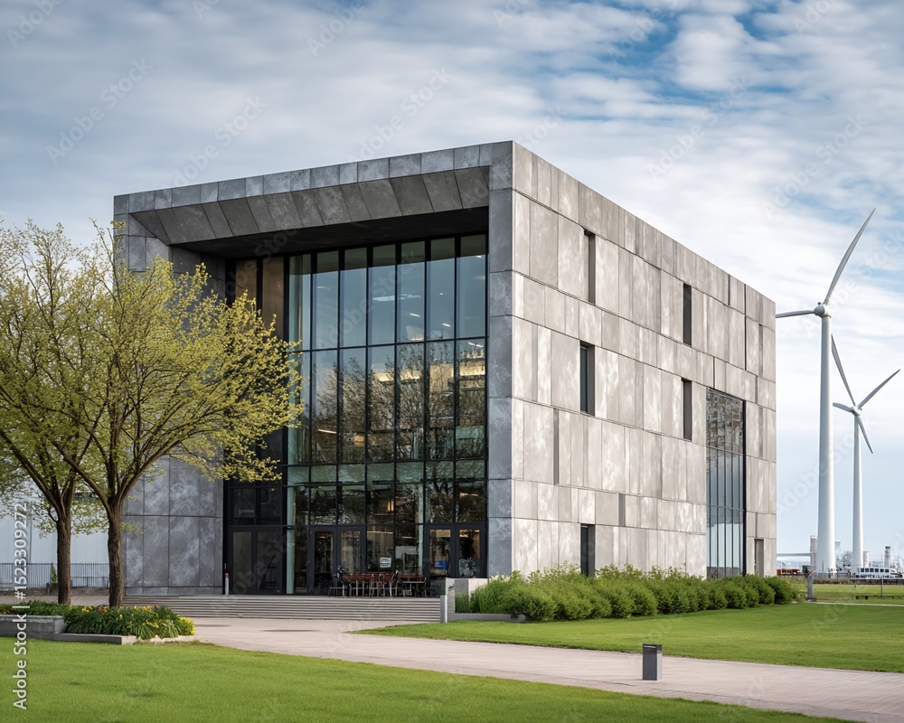 Obraz premium Modern Concrete Building with Wind Turbines in Background