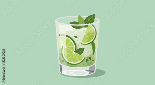 Clear glass of mojito cocktail with lime slices and mint sprig on light green background