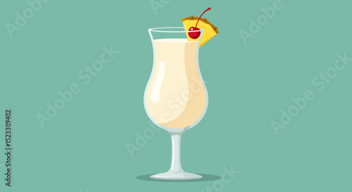 Tall hurricane glass with creamy cocktail, pineapple wedge, and maraschino cherry on green background