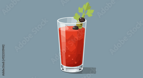 Tall glass of deep red cocktail with celery and olives on light blue background
