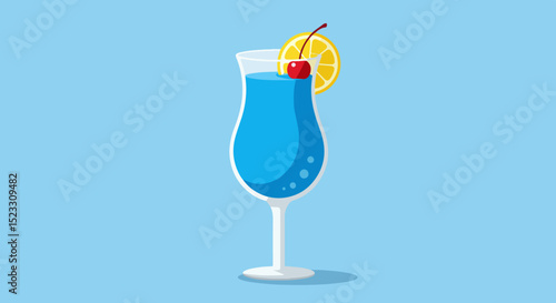 Tall cocktail glass with blue drink, cherry, and orange slice on light blue background