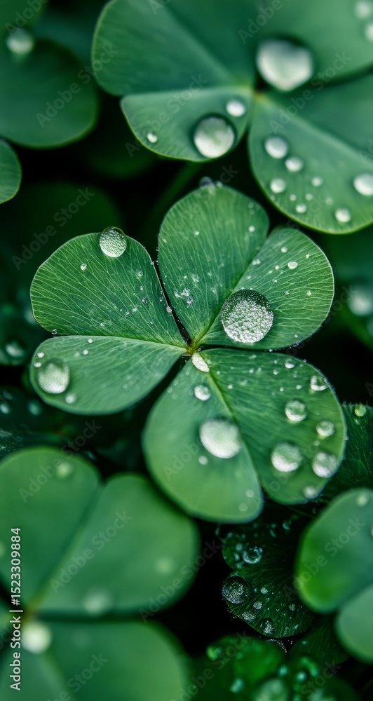 Fototapeta premium A close-up of dew on four-leaf clovers, symbolizing good fortune and luck for the St. Patrick's Day celebration. 