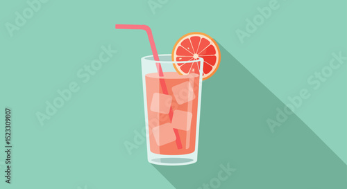 Tall glass of pink fruit punch with ice cubes, orange slice, and pink straw on gradient green background