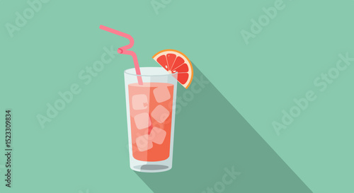 Tall glass of vibrant red fruity drink with ice cubes, pink straw, and orange slice on green background