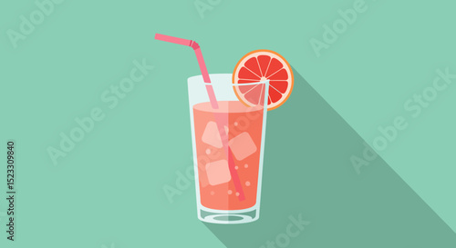 Tall glass of pinkish-red fruit punch with orange slice and pink straw on light green background