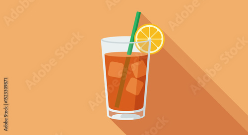 Tall glass of iced tea with lemon slice and green straw on orange background